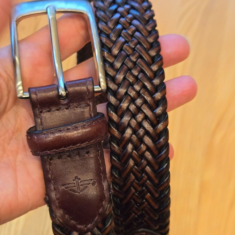 Dockers Brown Leather Woven Braided Belt Silver Buckle 42/105 Casual Western Men